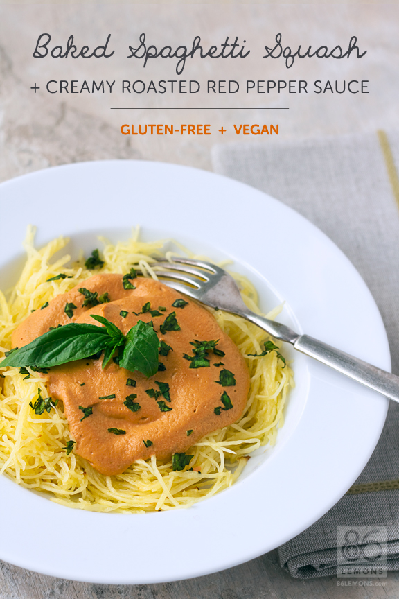 Baked Spaghetti Squash with Creamy Roasted Red Pepper Sauce  #vegan #glutenfree #foodphotography  86lemons.com