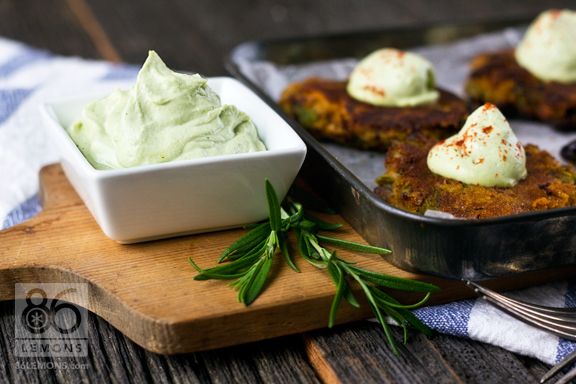 Sweet Potato Asparagus Cakes with Lemon Basil Cream #appetizer #vegan #glutenfree 86lemons.com