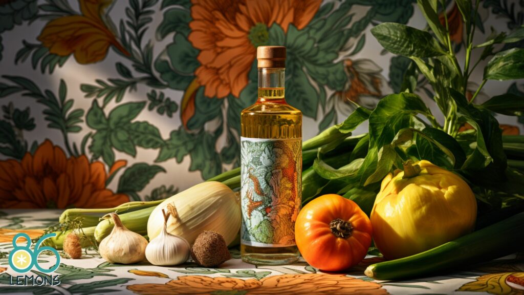 Vegan vegetable oil on a floral backdrop with several vegetables laying next to it.