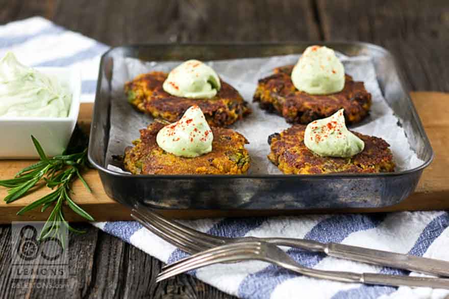Virtual Vegan Potluck: Vegan Sweet Potato Asparagus Cakes with Lemon Basil Cream Gluten-Free