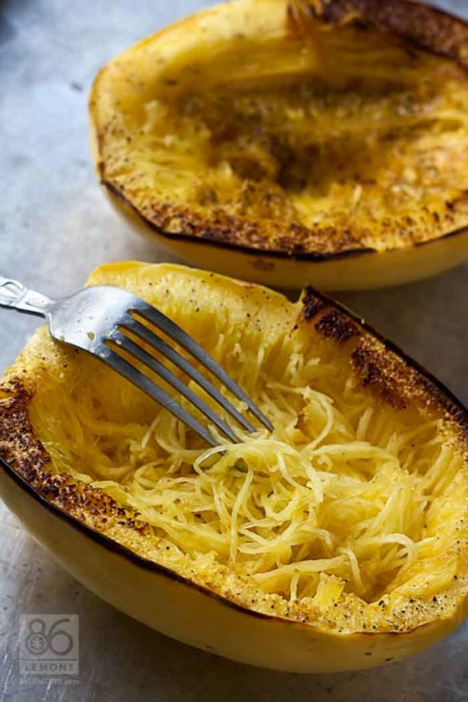 Vegan Baked Spaghetti Squash with Creamy Roasted Red Pepper Sauce Gluten-free