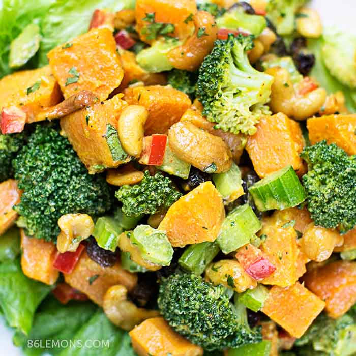 Vegan Curry Sweet Potatoes with Broccoli and Cashews Gluten-free