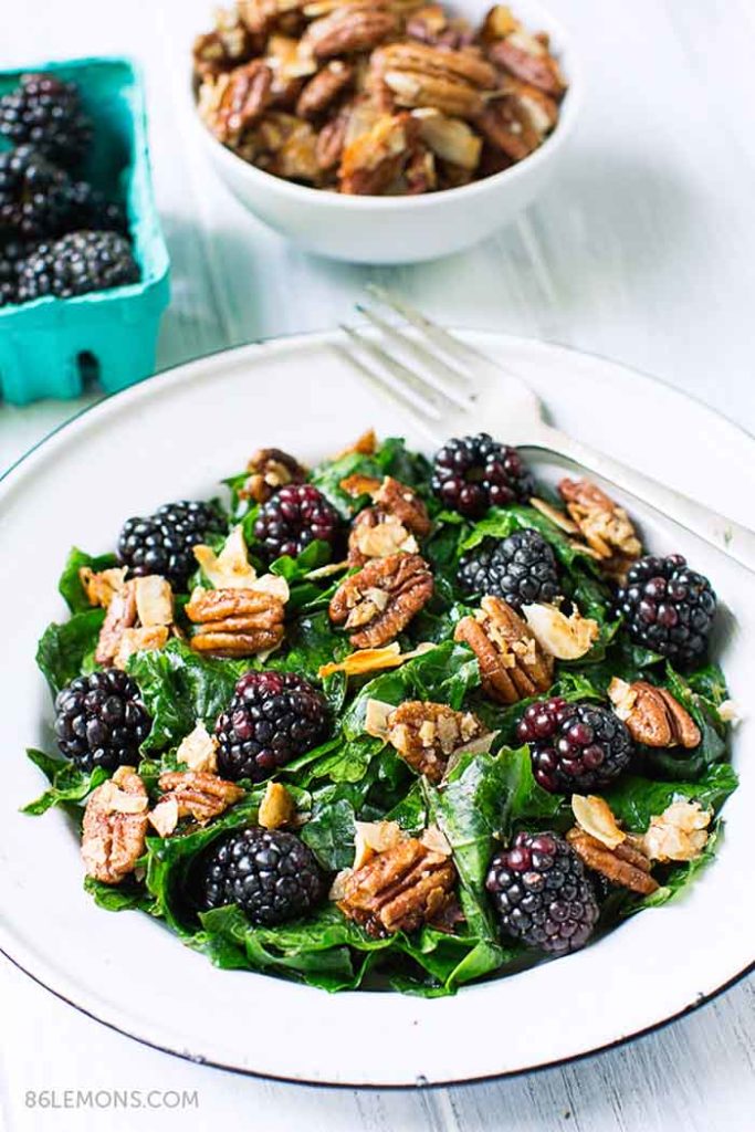 Vegan Kale Salad with Blackberries and Toasted Coconut-Pecan Clusters Gluten-free