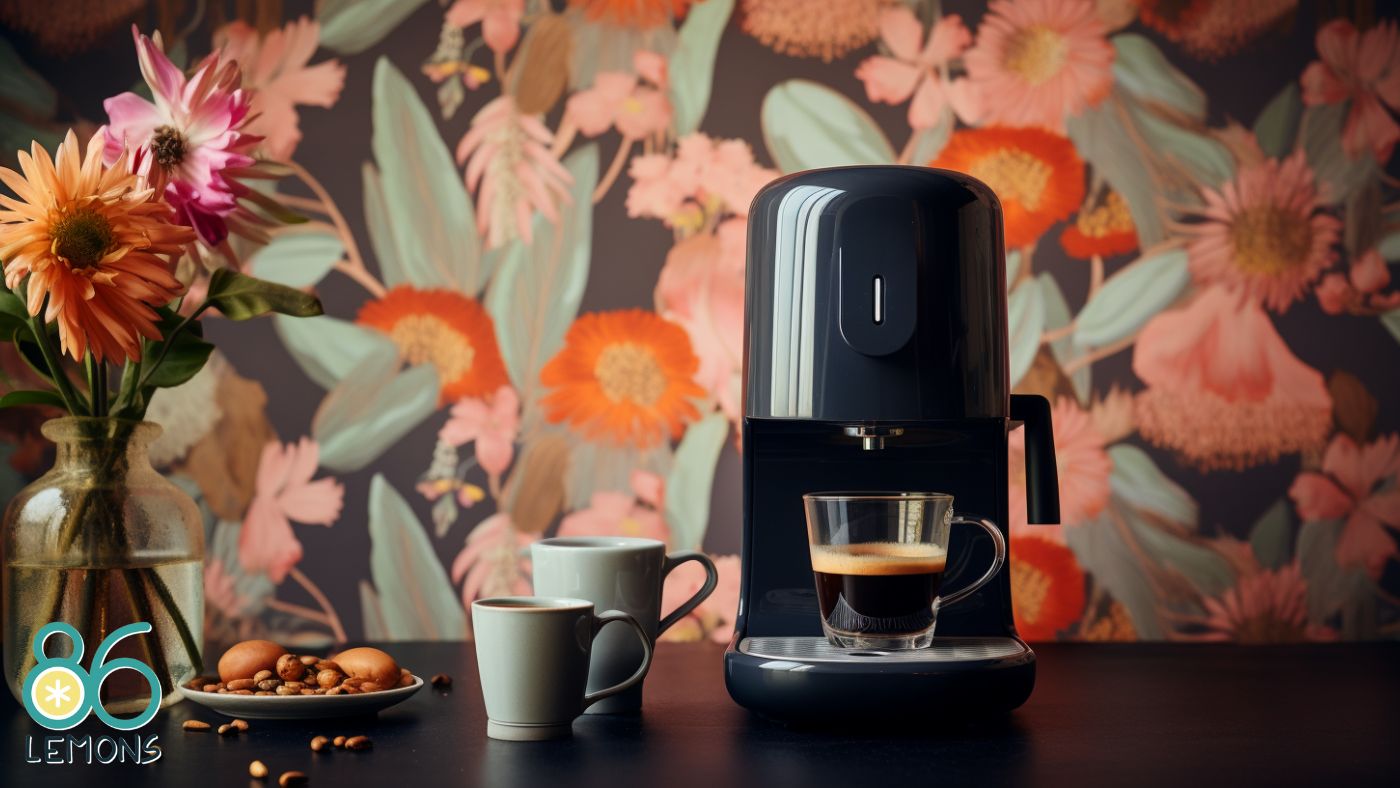 A small coffee maker on a table with a floral background