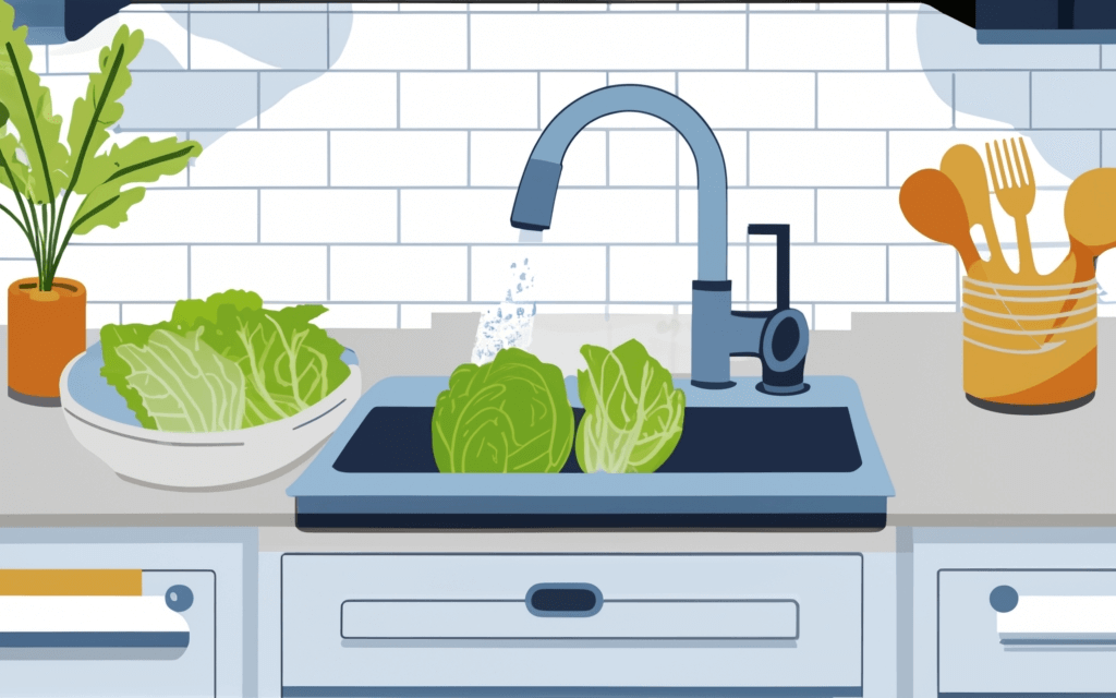 Lettuce being washed and rinsed in a kitchen sink