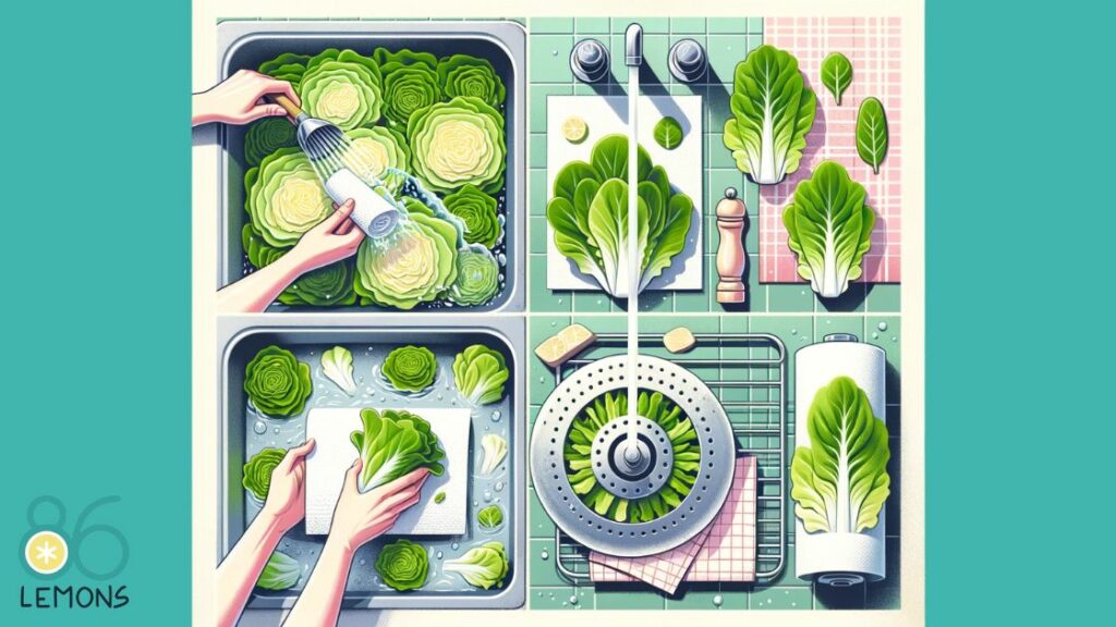 An illustration showing how to wash and dry lettuce without a spinner