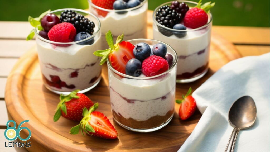 chia pudding glasses with fruit toppings on a wooden table outdoors