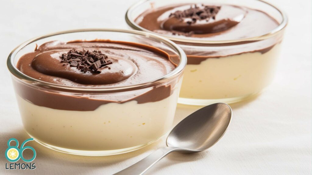 chocolate and vanilla pudding on a white table