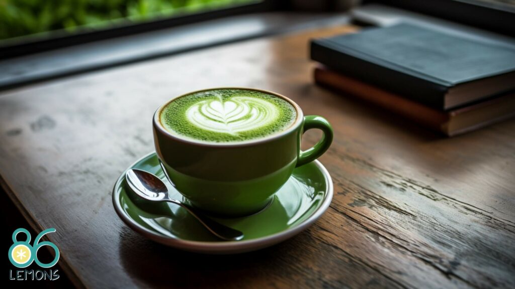 cup of matcha latte on a wooden table in a cafe