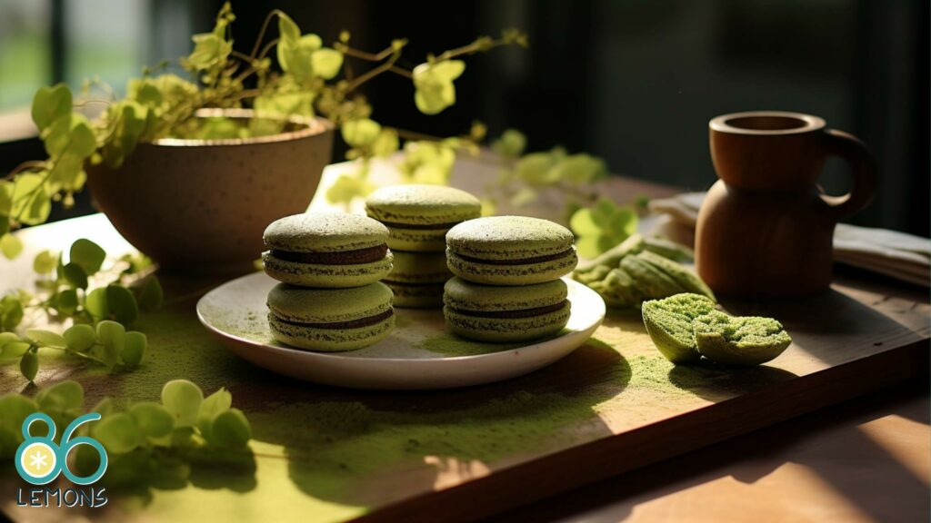 matcha macaroons on a wooden table